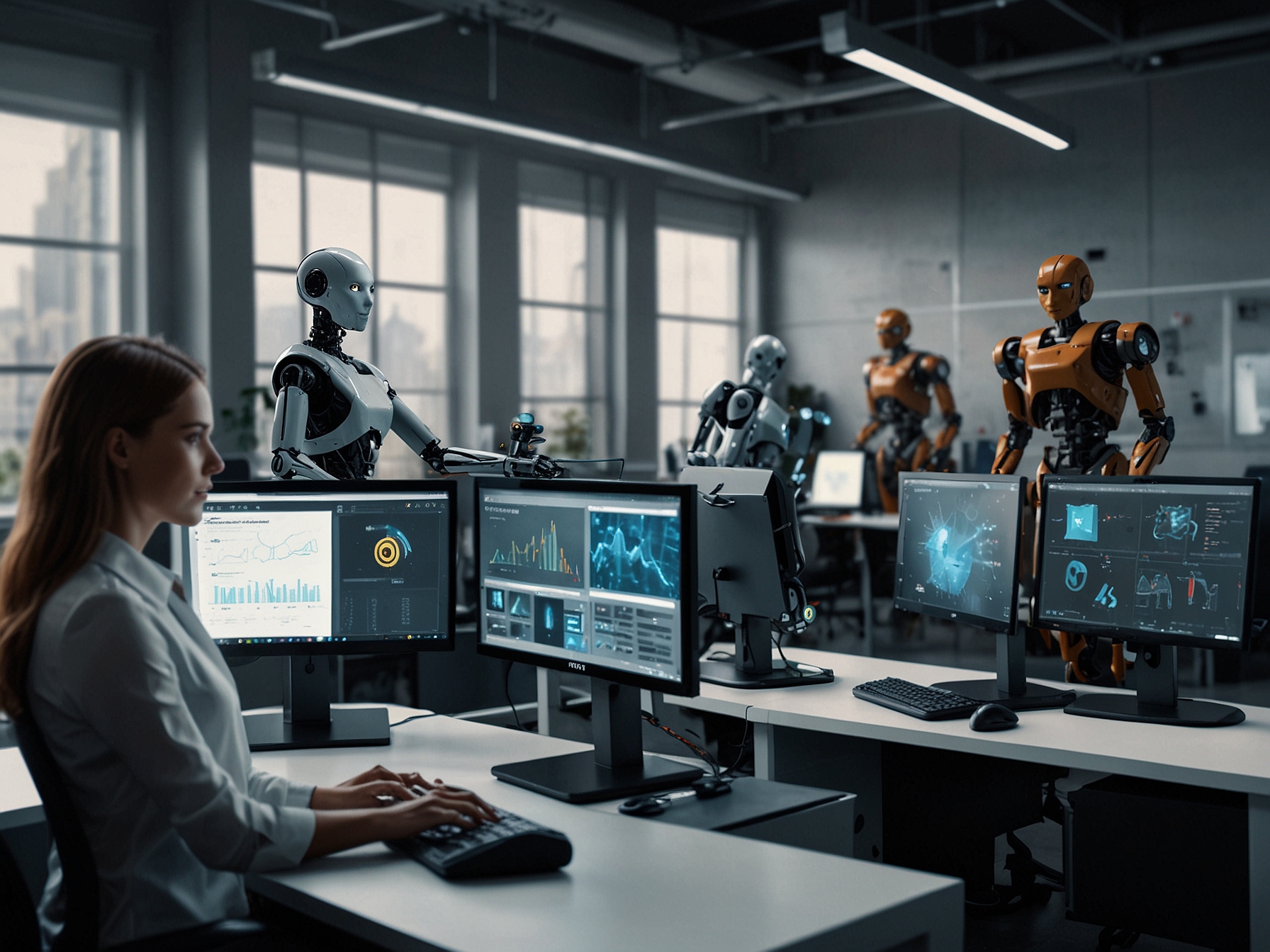 Robotický pracovník nahrazuje člověka na montážní lince v továrně.