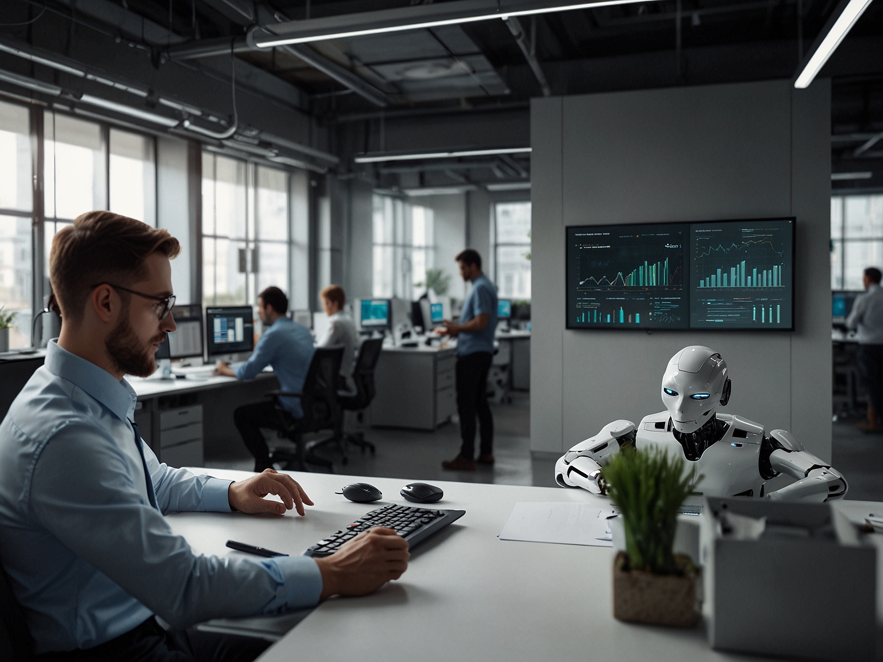 Grafické znázornění automatizace firemních procesů v kanceláři.